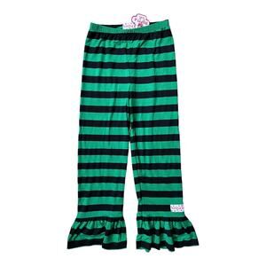 Ruffle Girl Black & Green Striped Pull On Pant Lightweight Ruffle Hem Girl 8 NEW